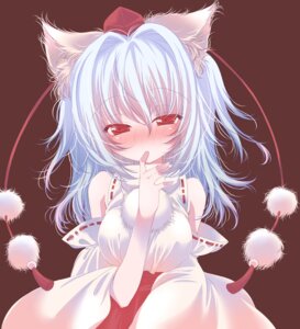 Rating: Safe Score: 0 Tags: animal_humanoid armwear asian_clothing bare_shoulders blue_hair blush brown_background canid canid_humanoid canine canine_humanoid canis clothing detached_sleeves dog_humanoid domestic_dog e621 east_asian_clothing female finger_to_mouth hair hat headgear headwear humanoid japanese_clothing looking_at_viewer mammal mammal_humanoid miko_outfit momiji_inubashiri pom_clothing pom_shirt red_eyes saidou simple_background solo tokin_hat touhou User: bunchy7s