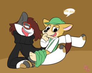 Rating: Questionable Score: 0 Tags: 5:4 ambiguous_gender anthro blush brown_hair calico_cat canid canine canis chrissy_(mewdles) clothed clothing cosmin dialogue domestic_cat domestic_dog duo e621 english_text eyewear felid feline felis glasses hair hat headgear headwear herding_dog male mammal mewdles mottled pastoral_dog piebald sweater tail text tongue toon_chrissy topwear turtleneck welsh_corgi User: bunchy7s