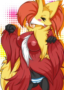 Rating: Questionable Score: 0 Tags: 5_fingers anthro areola biped blush breasts canid canine chest_tuft clothed clothing delphox detailed_background e621 eyelashes female fingers fur generation_6_pokemon glistening happy hi_res inner_ear_fluff mammal nintendo nipples open_mouth orange_background orange_body orange_eyes orange_fur orange_nose panties partially_clothed pink_areola pink_background pink_nipples pokemon pokemon_(species) potchi raised_arm red_body red_fur shadow simple_background smile solo standing tongue tongue_out topless tuft underwear white_background yellow_background yellow_body yellow_fur User: bunchy7s