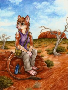 Rating: Safe Score: 0 Tags: 2010 anthro barefoot biped bottle brown_hair clothed clothing cloud container dasyurid dasyuromorph e621 feet female green_eyes hair mammal marsupial outback outside pink_nose plant quoll shoulder_bag silentravyn sitting sky solo spots tail traditional_media_(artwork) tree water_bottle wood User: bunchy7s