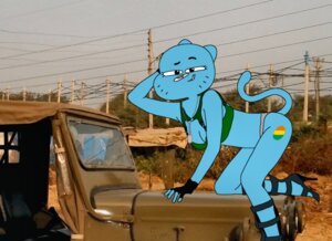 Rating: Questionable Score: 0 Tags: anthro biped blue_body cartoon_network clothing dog_tags e621 english_text felid female footwear gloves handwear high_heels looking_at_viewer mammal mature_anthro mature_female mixed_media nicole_watterson outside photo_background photography_(artwork) real shoes solo style_emulation text the_amazing_world_of_gumball trollingmeister underwear vehicle what why User: bunchy7s