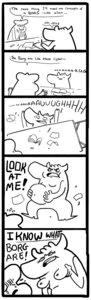 Rating: Questionable Score: 0 Tags: animated animated_comic animated_gif anthro comic duo e621 english_text hi_res humor male monochrome moobs nerd overweight redic-nomad screaming short_playtime text what User: bunchy7s