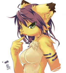 Rating: Questionable Score: 0 Tags: 2007 anthro breasts brown_hair chest_tuft clothed clothing domestic_cat e621 ear_piercing felid feline felis female fur green_eyes hair mammal mgd neko_(artist) piercing solo tongue topless tuft visark yellow_body yellow_fur User: bunchy7s