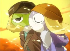 Rating: Safe Score: 0 Tags: ambiguous_gender amphibian anthro backpack clothing duo e621 eyes_closed hat headgear headwear keronian keroro kissing love male outside sgt._frog snow tamama tamama-island User: bunchy7s
