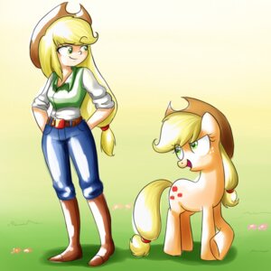 Rating: Safe Score: 0 Tags: 1:1 alternate_species applejack_(mlp) blonde_hair boots breasts clothed clothing cowboy_boots cowboy_hat cutie_mark duo e621 equid equine female feral footwear freckles friendship_is_magic fur green_eyes hair hands_behind_back hasbro hat headgear headwear horse human humanized long_hair mammal mostachiosponch my_little_pony open_mouth orange_body orange_fur outside pony shoes smile standing User: bunchy7s