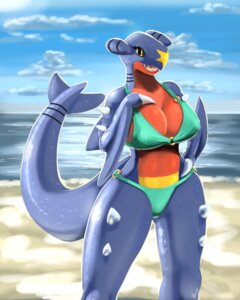 Rating: Questionable Score: 0 Tags: 4:5 anthro anthrofied bald beach big_breasts bikini biped black_body black_skin blue_body blue_skin bra breasts claws clothed clothing cloud detailed_background dragon drxsmokey e621 eyelashes female garchomp generation_4_pokemon glistening happy hi_res lizard mythological_creature mythological_scalie mythology nintendo nipple_outline non-mammal_breasts open_mouth outside pokemon pokemon_(species) pokemorph raised_arm red_body red_skin reptile sand scalie sea seaside shadow sharp_teeth skimpy sky smile solo spikes standing swimwear tail teeth thick_thighs tongue two-piece_swimsuit underwear water yellow_body yellow_eyes yellow_skin User: bunchy7s