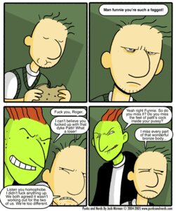 Rating: Questionable Score: 0 Tags: comic cookie dialogue douglas_funnies duo e621 english_text food grandfathered_content green_body green_skin human human_only josh_mirman male mammal not_furry profanity roger_klotz text User: bunchy7s