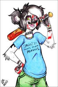 Rating: Questionable Score: 0 Tags: 2010 anthro baseball_bat bat_(object) blood bodily_fluids bottomwear clothing e621 ear_tails facial_piercing female glamfur heterochromia jewelry lemur lip_piercing looking_at_viewer mammal necklace pants piercing primate shirt solo strepsirrhine topwear zeriara zeriara_(character) User: bunchy7s