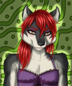 Rating: Safe Score: 0 Tags: abstract_background anthro black_nose bustier carashamrock clothed clothing crossdressing e621 eyeshadow femboy front_view fur grey_body grey_fur hair half-length_portrait looking_at_viewer makeup male orange_eyes padmenvy portrait red_hair smile solo white_body white_fur User: bunchy7s