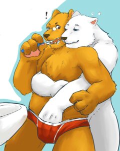 Rating: Questionable Score: 0 Tags: 4:5 anthro bear blue_eyes brown_bear brown_body brown_eyes brown_fur brush brushing brushing_teeth clothed clothing duo e621 exclamation_point fur grizzly_bear grope hi_res hikuchi hug male male/male mammal polar_bear simple_background teeth toothbrush topless underwear ursine white_body white_fur User: bunchy7s