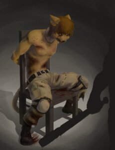 Rating: Questionable Score: 0 Tags: abuse anthro baseball_bat bat_(object) blood bodily_fluids boots bottomwear bound bruised cargo_pants choker clothed clothing digital_media_(artwork) domestic_cat duo e621 felid feline felis footwear growling hi_res interrogation jewelry knee_pads male mammal necklace pants shoes silhouette solo_focus sykes tail topless torture zekit User: bunchy7s