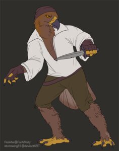 Rating: Safe Score: 0 Tags: 3_toes accipitrid accipitriform anthro avian beak biped bird bottomwear brown_background brown_body brown_feathers brown_theme clothed clothing dagger e621 eagle feathers feet golden_eagle holding_object holding_weapon kerchief looking_at_viewer male melee_weapon orange_eyes pants pirate raised_arm reshka shirt simple_background solo standing talons thief toes topwear true_eagle weapon User: bunchy7s