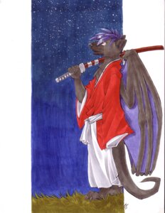 Rating: Safe Score: 0 Tags: anthro asian_clothing black_body clothing dragon e621 east_asian_clothing eevachu eli_(aurali) female hybrid hyena japanese_clothing kenshin mammal marker_(artwork) melee_weapon membrane_(anatomy) membranous_wings mythological_creature mythological_scalie mythology scalie solo spotted_hyena sword tail traditional_media_(artwork) weapon wings User: bunchy7s