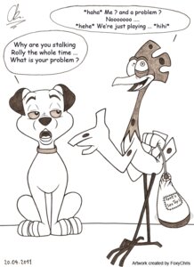 Rating: Safe Score: 0 Tags: 101_dalmatians 101_dalmatians:_the_series avian bag bird canid canine canis chicken dalmatian disney domestic_dog duo e621 english_text female feral foxychris galliform holding_object label lucky_(101_dalmatians) lying male mammal monochrome nervous phasianid smile spot_(101_dalmatians) stern text toony User: bunchy7s