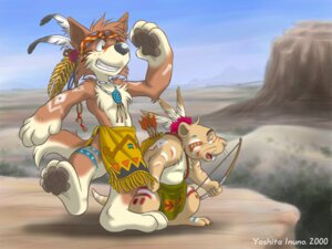 Rating: Safe Score: 0 Tags: 4:3 anthro arrow_(weapon) bottomwear bow_(weapon) canid canine canis clothing cloud coyote desert duo e621 gopher holding_object holding_weapon loincloth male mammal native_american outside paint quiver_(object) ranged_weapon rodent sky tail toony weapon yoshita_inuno User: bunchy7s