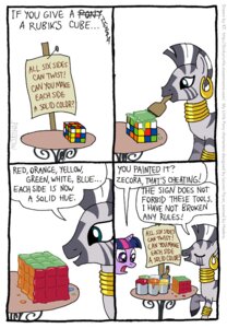 Rating: Safe Score: 0 Tags: 2011 clever comic dialogue e621 ear_piercing english_text equid equine female feral friendship_is_magic fur hair hasbro horn iygaparc kinkyturtle mammal mouth_hold multicolored_hair my_little_pony mythological_creature mythological_equine mythology paint piercing purple_body purple_fur purple_hair rubik's_cube stripes text twilight_sparkle_(mlp) two_tone_hair unicorn zebra zecora_(mlp) User: bunchy7s