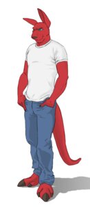 Rating: Safe Score: 0 Tags: 3_toes anthro barefoot biped blue_eyes bottomwear claws clothed clothing e621 feet full-length_portrait fully_clothed fur hand_in_pocket kangaroo long_ears macropod male mammal marsupial pants pockets portrait red_body red_fur shirt simple_background smile sofakinggood solo standing t-shirt tail thumb_in_pocket toes topwear whiskers white_background User: bunchy7s