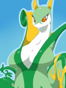 Rating: Questionable Score: 0 Tags: 3:4 big_breasts blue_background breasts cleavage clothed clothing e621 female generation_5_pokemon green_body half-length_portrait nintendo non-mammal_breasts pokemon pokemon_(species) pokemorph portrait red_eyes reptile scalie serperior simple_background snake solo sunibee User: bunchy7s