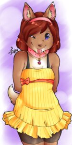Rating: Safe Score: 0 Tags: 1:2 accessory alternative_fashion anthro biped blue_eyes bottomwear brown_hair canid canine clothing collar dress e621 female hair hands_behind_back headband hi_res j-fashion looking_at_viewer mammal minettefraise one_eye_closed purple_eyes red_hair ribbons shorts shorts_under_dress solo standing tongue tongue_out wink User: bunchy7s