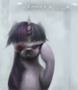 Rating: Questionable Score: 0 Tags: bandage blood bodily_fluids creepy e621 equid equine eye_patch eyewear female feral friendship_is_magic fur hair hasbro horn long_hair looking_at_viewer mammal morse_code multicolored_hair my_little_pony mythological_creature mythological_equine mythology open_mouth purple_eyes purple_hair simple_background solo teeth text twilight_sparkle_(mlp) two_tone_hair unicorn ventious User: bunchy7s