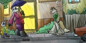Rating: Safe Score: 0 Tags: 2004 2:1 ambiguous_gender anthro bear breasts canid canine canis charly clothing coat detailed_background e621 emmm female giant_panda group holding_object holding_umbrella mammal outside raincoat raining smoking street tail topwear umbrella walking wolf young young_anthro User: bunchy7s