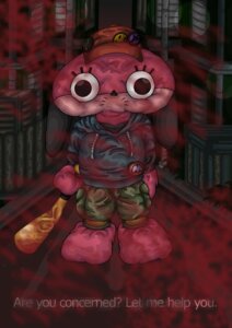 Rating: Questionable Score: 0 Tags: ambiguous_gender anthro baseball_bat bat_(object) blood bodily_fluids canid canine canis clothing cosplay creepy domestic_dog e621 english_text hat headgear headwear hi_res looking_at_viewer mammal maromi nightmare_fuel paranoia_agent plushdragon solo text User: bunchy7s