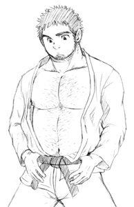 Rating: Safe Score: 0 Tags: 5_fingers belt bottomwear clothed clothing e621 fingers front_view grandfathered_content hair hairy human human_only humanoid_hands judo keikogi male mammal martial_arts_uniform monochrome nipples not_furry open_clothing pants partially_clothed short_hair simple_background sketch slightly_chubby solo sportswear undressing unknown_artist white_background User: bunchy7s