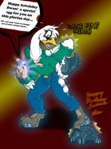 Rating: Safe Score: 0 Tags: 3:4 anatid anseriform anserine anthro avian beak biped bird birthday catmonkshiro clothing digital_media_(artwork) e621 egg english_text front_view full-length_portrait gift magic male mute_swan note portrait solo swan text torn_clothing transformation User: bunchy7s