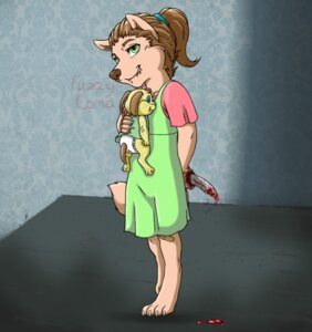 Rating: Safe Score: 0 Tags: anthro blood bodily_fluids brown_hair clothing dress e621 female fuzzycoma green_clothing green_dress green_eyes hair knife skrillex solo tail young young_anthro young_female User: bunchy7s