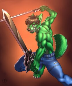 Rating: Safe Score: 0 Tags: 2013 abs action_pose anthro athletic biceps biped black_nose blue_eyes bottomwear brown_body brown_fur brown_hair canid canine canis claws clothed clothing collar digital_media_(artwork) dual_wielding e621 fangs fur green_body green_fur grin hair hi_res holding_melee_weapon holding_object holding_sword holding_weapon looking_at_viewer male mammal melee_weapon muscular muscular_anthro pants pawpads paws pose simple_background smile solo standing sword tail teeth toe_claws topless vallhound weapon wolf zavryn User: bunchy7s