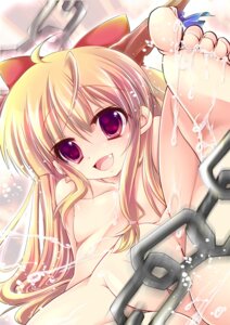 Rating: Questionable Score: 0 Tags: bare_shoulders barefoot blush bow breasts censored chains convenient_censoring cute_fang enjoy_mix feet female flat_chest foreshortening hairbow horns long_hair looking_at_viewer nipples nude open_mouth orange_hair reclining red_eyes revision ribbon rule34 smile solo suika_ibuki toes touhou very_long_hair water User: bunchy7s