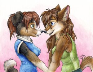 Rating: Safe Score: 0 Tags: 2008 anthro blue_eyes canid canine canis clothed clothing domestic_dog duo e621 eye_contact female female/female gouache_(artwork) green_eyes looking_at_another mammal painting_(artwork) silentravyn tail traditional_media_(artwork) traditional_painting_(artwork) User: bunchy7s