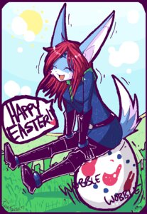 Rating: Safe Score: 0 Tags: 2007 aliasing anthro biped blue_body blue_fur bracelet breasts cel_shading clothed clothing day detailed_background dialogue digital_media_(artwork) e621 easter egg english_text eyes_closed female fur grass hair hand_on_leg heart_symbol holidays jewelry lagomorph leporid long_ears mammal motion_lines oekaki open_mouth outside pinkyfreak plant rabbit raised_tail red_hair shaded side_view sitting sky small_breasts smile solo speech_bubble sun tail text white_body white_fur User: bunchy7s