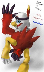 Rating: Explicit Score: 0 Tags: anthro avian beak bird blue_eyes claws digimon digimon_(species) english_text hawkmon looking_back male male_only red_feathers rule34 solo solo_male tail_feathers User: bunchy7s