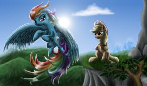 Rating: Safe Score: 0 Tags: 2012 applejack_(mlp) blonde_hair blue_body blue_feathers blue_fur brown_body brown_fur clothing cloud cowboy_hat cutie_mark detailed_background duo e621 earth_pony equid equine eye_contact feathered_wings feathers female feral flying friendship_is_magic fur green_eyes hair hasbro hat headgear headwear hi_res horse leyanor looking_at_another mammal mountain multicolored_hair my_little_pony mythological_creature mythological_equine mythology outside pegasus pony purple_eyes quadruped rainbow_dash_(mlp) rainbow_hair sitting sky smile sun tail wings User: bunchy7s