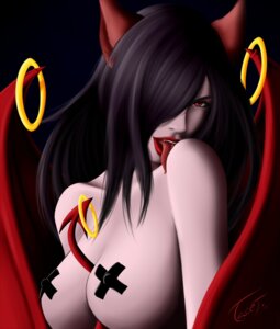 Rating: Questionable Score: 0 Tags: animal_humanoid black_hair breasts demon e621 female hair hair_over_eye half-length_portrait hi_res humanoid licking looking_at_viewer mammal membrane_(anatomy) membranous_wings mianco nipple_tape nude one_eye_obstructed pasties portrait red_eyes solo tape tongue tongue_out wings User: bunchy7s