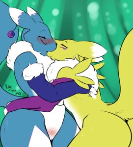 Rating: Explicit Score: 0 Tags: 2013 alternate_color antennae_(anatomy) anthro armwear bandai_namco blue_body blue_fur blush breasts butt canid canine chest_tuft clothing digimon digimon_(species) digital_media_(artwork) duo e621 elbow_gloves eyes_closed fan_character female female/female fur genitals gloves haley_(nightfaux) handwear hug intraspecies kiss_on_lips kissing mammal markings nightfaux nude pom_antennae renamon romantic romantic_couple tail thick_thighs tuft vulva wide_hips yellow_body yellow_fur User: bunchy7s