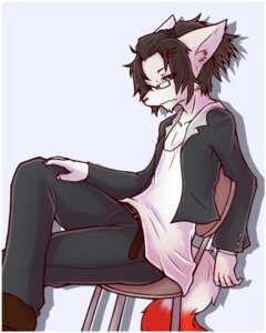 Rating: Safe Score: 0 Tags: 340m/sec 4:5 anthro belt biped black_hair bottomwear canid canine chair clothed clothing e621 eyewear footwear fox furniture glasses hair jacket male mammal pants pinup pose shirt shoes short_hair simple_background sitting solo tail topwear wood wood_chair wood_furniture User: bunchy7s