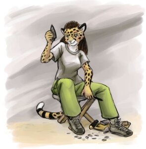 Rating: Safe Score: 0 Tags: anthro archaeologist biped bottomwear brown_eyes brown_hair cheetah clothed clothing e621 felid feline female flint_knapping footwear fully_clothed furniture hair holding_object long_hair mammal mishakun pants shirt shoes sitting smile solo stool tail topwear trella User: bunchy7s