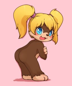 Rating: Questionable Score: 0 Tags: 2013 anthro banjo-kazooie bear blonde_hair blue_eyes blush brown_body brown_fur butt e621 female fur hair hi_res huiro mammal pink_background rareware simple_background solo tooty young young_anthro User: bunchy7s