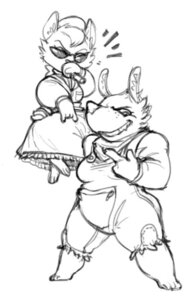 Rating: Safe Score: 0 Tags: american_opossum anthro clothing domestic_cat duo e621 felid feline felis female kerchief mammal marsupial monochrome overalls petunia_quibble poppy_opossum poppy_opossum_(character) simple_background sketch unknown_artist virginia_opossum white_background User: bunchy7s