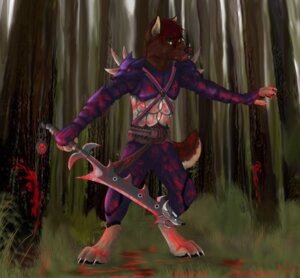 Rating: Questionable Score: 0 Tags: anthro armor biped blood bodily_fluids brown_body brown_fur canid canine chasington detailed_background e621 forest fur grass looking_away male mammal melee_weapon nature outside plant solo standing sword tree weapon yellow_eyes User: bunchy7s