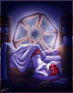Rating: Safe Score: 0 Tags: 0r0ch1 anthro bed bed_covers bedding book bookshelf border city clothed clothing detailed_background domestic_cat drawer e621 eyes_closed felid feline felis fur furniture hair hand_on_head hi_res inside male mammal night open_mouth pillow pink_nose raining red_hair shirt sleeping solo topless topwear white_body white_fur window User: bunchy7s