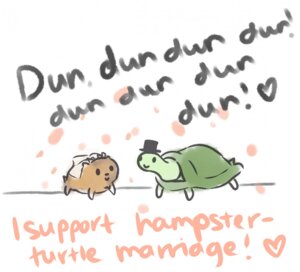 Rating: Safe Score: 0 Tags: :> clothing cricetid duo e621 english_text female hamster hat headgear headwear heart_symbol kerosenefox male mammal reptile rodent scalie shell smile text turtle wedding User: bunchy7s