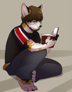 Rating: Safe Score: 0 Tags: 4_toes anthro barefoot beard biped book brown_hair clothed clothing digital_media_(artwork) domestic_cat e621 ear_piercing eyewear facial_hair feet felid feline felis fully_clothed glasses hair holding_book holding_object jailbird male mammal piercing pink_nose reading shaded sitting solo toes User: bunchy7s
