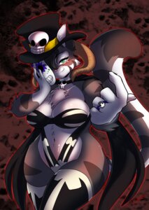 Rating: Questionable Score: 0 Tags: anthro armor blush bone chalo clothed clothing death demon e621 female hat headgear headwear horn hybrid mask ring skimpy skull smile solo tail thick_thighs unconvincing_armor wide_hips User: bunchy7s
