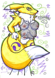 Rating: Questionable Score: 0 Tags: 2009 6_breasts anthro bandai_namco biped black_sclera blue_eyes bottomless breasts canid canine cautioncat chest_tuft claws clothed clothing digimon digimon_(species) dipstick_tail e621 english_text facial_markings female fishnet_clothing fishnet_topwear fur head_markings leg_markings mammal markings multi_breast nipples renamon simple_background solo standing supernumerary_breasts tail tail_markings text topwear translucent translucent_clothing tuft white_background yellow_body yellow_fur User: bunchy7s