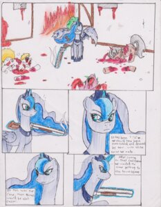 Rating: Questionable Score: 0 Tags: blood blue_body blue_eyes blue_fur blue_hair bodily_fluids brown_body brown_fur chaostone comic crown cutie_mark dialogue e621 english_text equid equine eye_through_hair eyes_closed fangs feathered_wings feathers female feral fire friendship_is_magic frown fur glowing gore green_hair grey_hair gun hair hair_over_eyes hasbro headgear hi_res horn long_hair looking_back magic mammal missing_limbs multicolored_hair my_little_pony mythological_creature mythological_equine mythology open_mouth princess_luna_(mlp) ranged_weapon red_eyes royalty shotgun teeth text tongue traditional_media_(artwork) translucent translucent_hair undead unicorn weapon winged_unicorn wings zombie User: bunchy7s