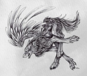 Rating: Safe Score: 0 Tags: ambiguous_gender canid canine e621 feathered_wings feathers feral greyscale mammal monochrome pearleden solo tail wings User: bunchy7s