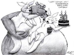 Rating: Safe Score: 0 Tags: 2001 aldi_(artist) anthro bear belly big_cheeks birthday birthday_cake birthday_candle blush cake candle carrying_another cheek_lick cuddling dated dessert e621 english_text face_lick female food group hug kangaroo laugh licking macropod male mammal marsupial morbidly_obese nude obese one_eye_closed overweight rooby roofus_(aldi) simple_background size_difference tail text tolstoy tongue tongue_out traditional_media_(artwork) trio white_background wink User: bunchy7s